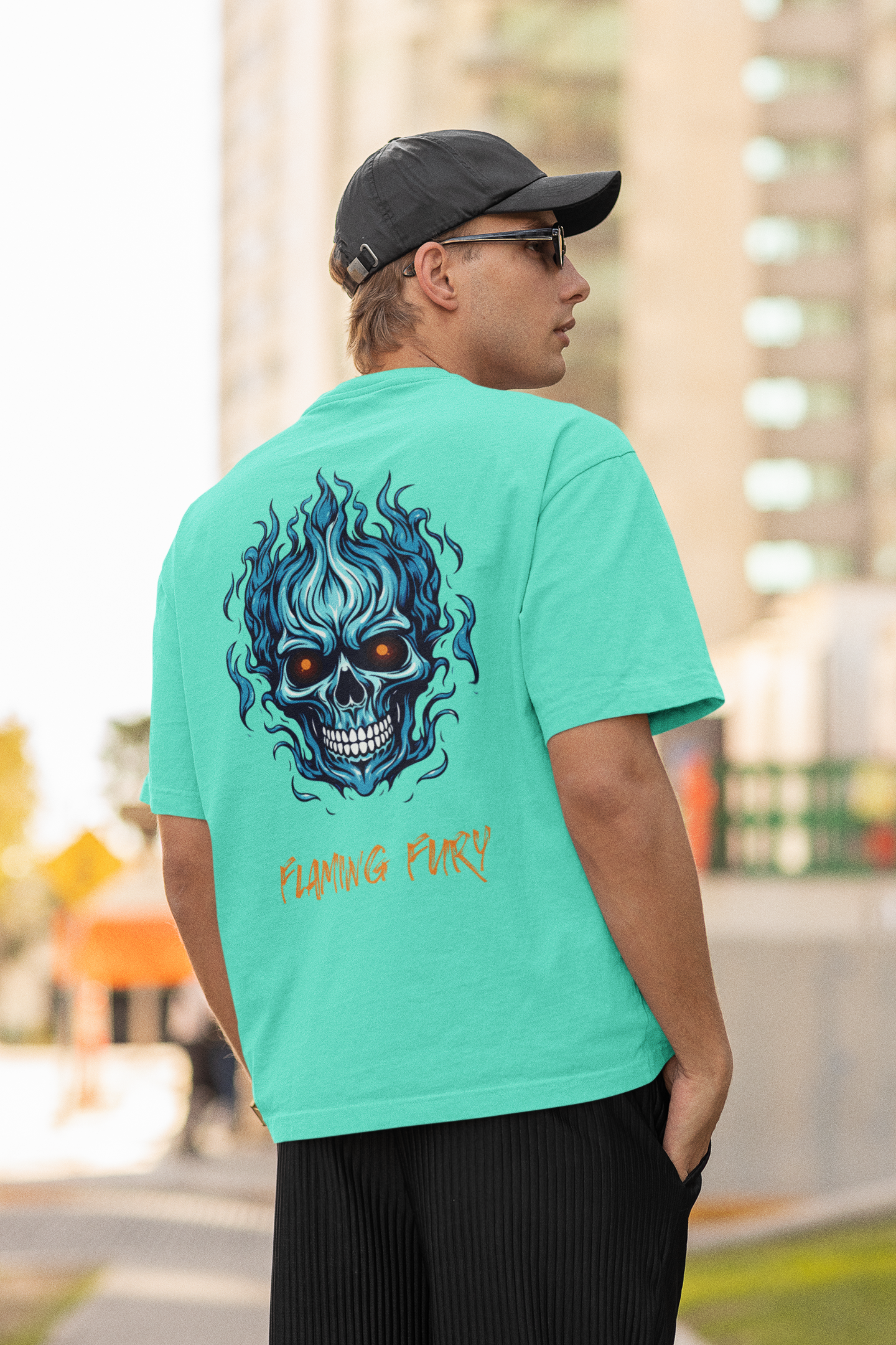 FLAMING SKULL classic oversized UNISEX premium pure cotton T-shirt