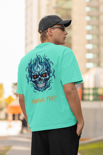 FLAMING SKULL classic oversized UNISEX premium pure cotton T-shirt