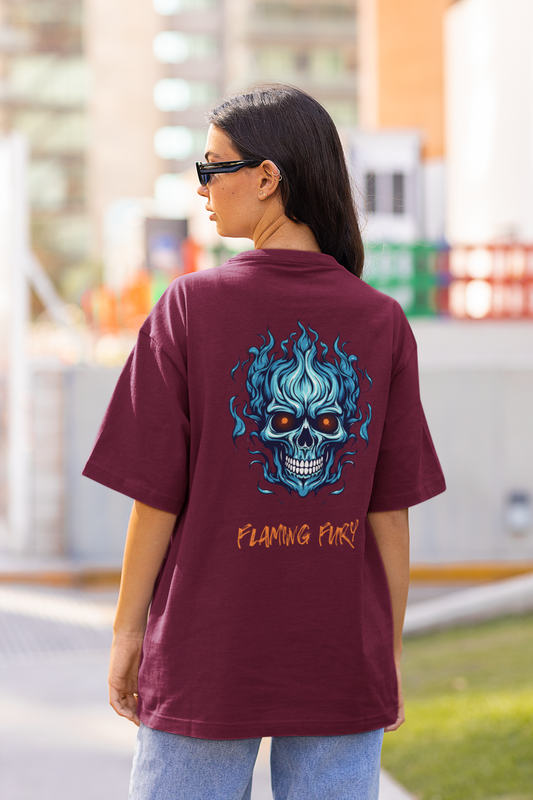 FLAMING SKULL classic oversized UNISEX premium pure cotton T-shirt