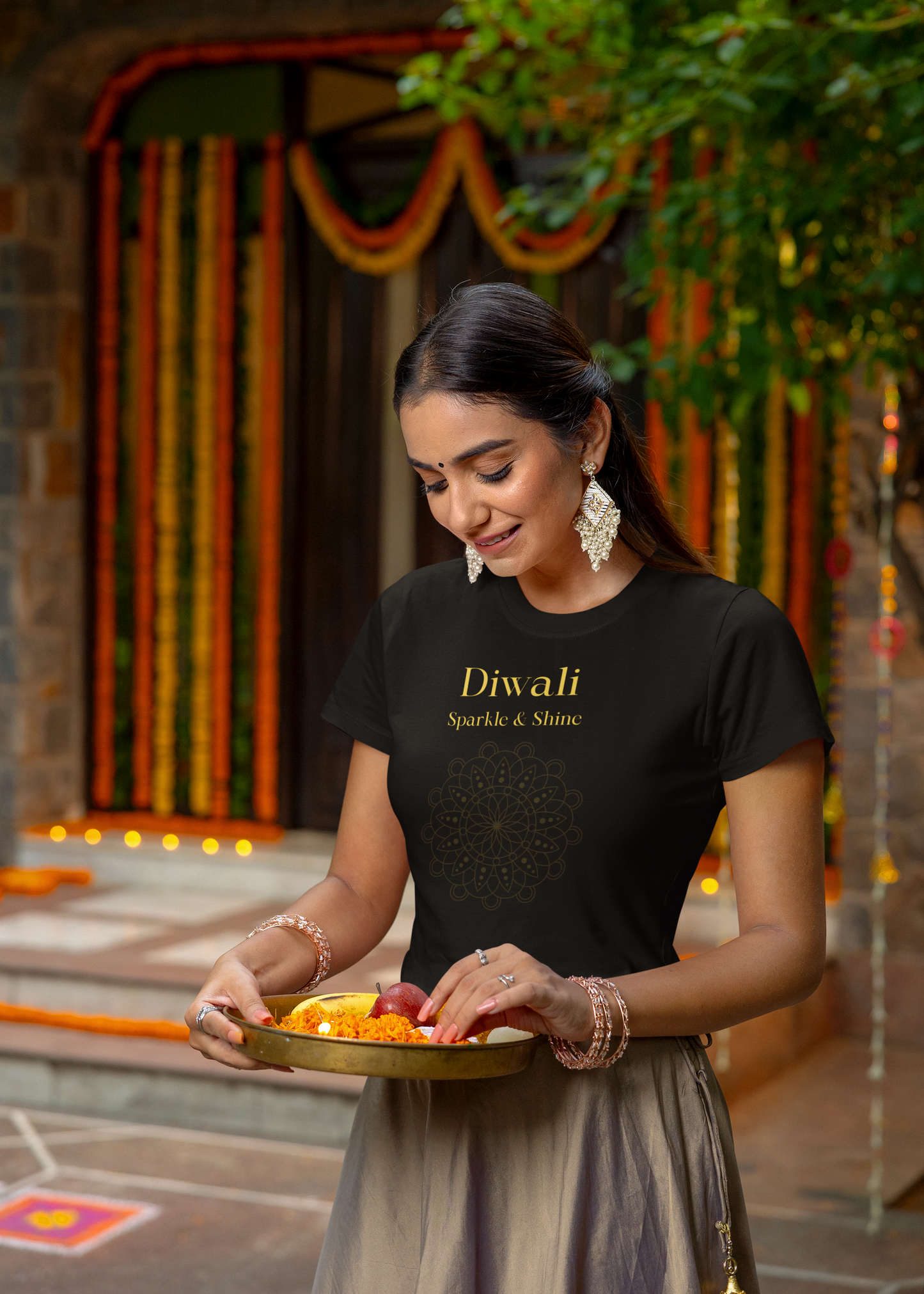 Diwali premium black pure cotton T-shirt for women